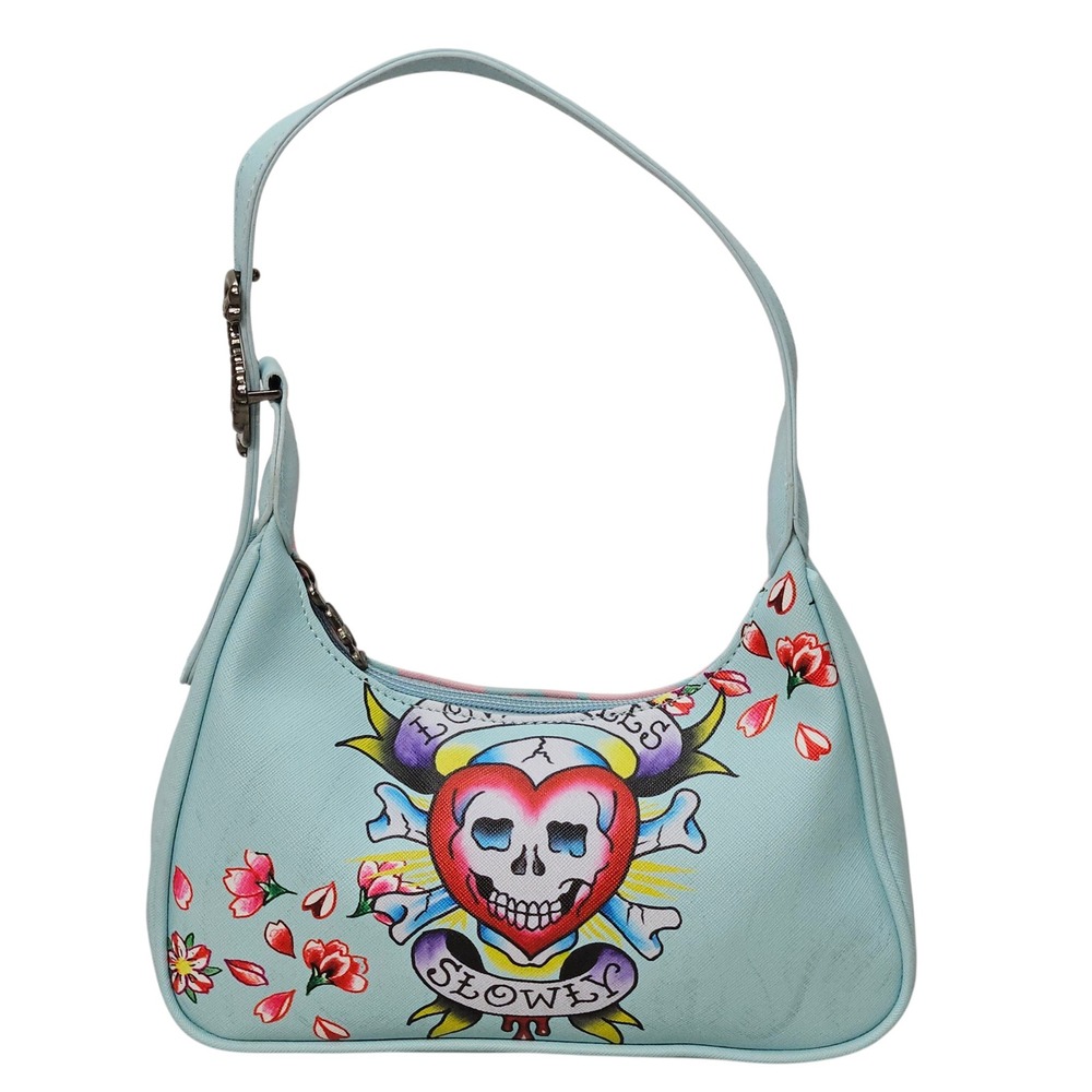 Ed Hardy Light Blue Love Kills Slowly Tattoo Y2K Shoulder Bag Pink Leopard Print